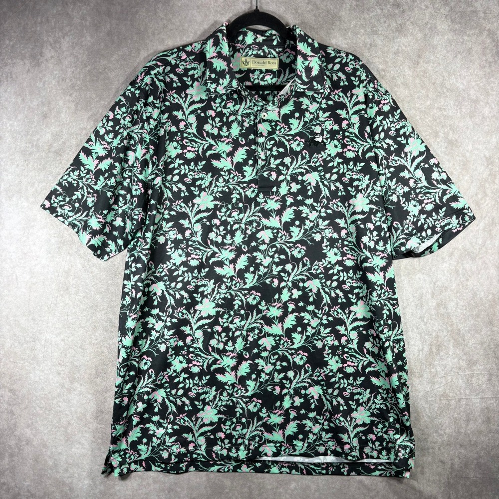 Donald Ross Polo Mens Large Black Floral Short Sleeve Golf Performance Beach